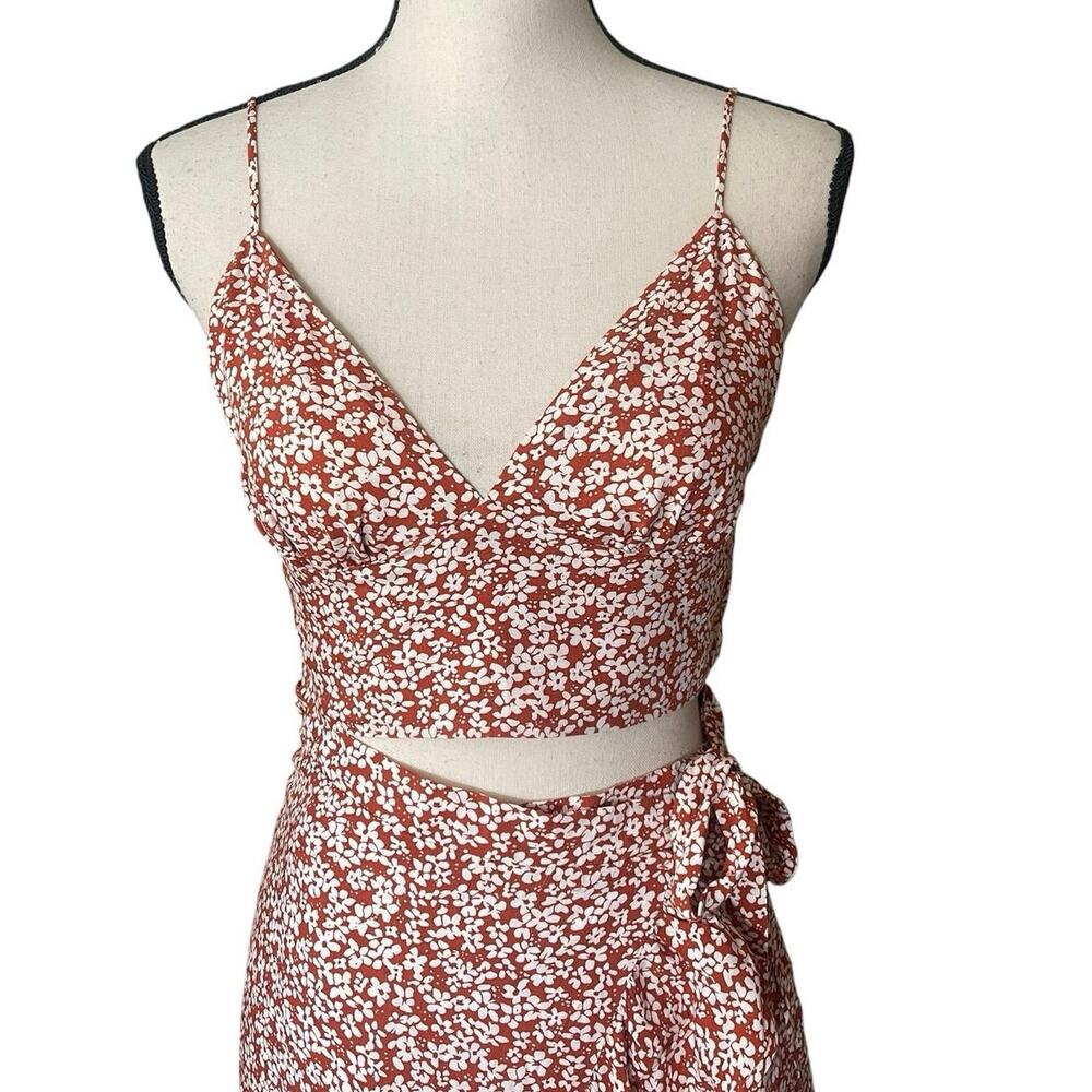 Lulu’s Summer Romance Rust Brown Floral Print Two-Piece Midi Dress Small Boho - Picture 4 of 13